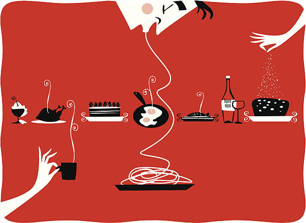 illustration of vintage kitchen items, restaurant, cattering, pastries, gourmet - food stock illustrations