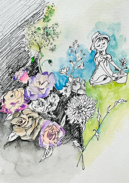 illustration with floral still life - garden decoration stock illustrations