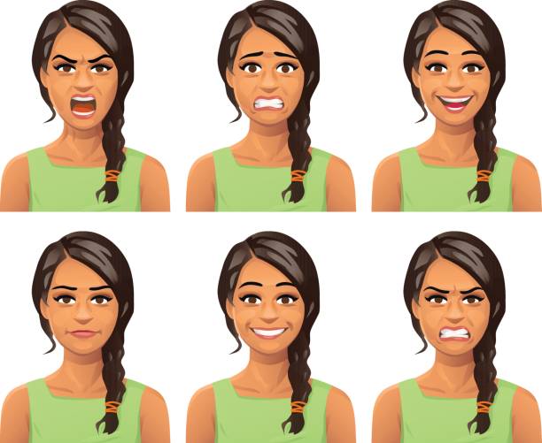 ilustraciones, imágenes clip art, dibujos animados e iconos de stock de expresiones faciales de mujer joven - hairstyle