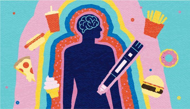 impact of semaglutide therapy on weight loss and unhealthy eating habits abstract concept with human silhouette, injection pen and fast food elements - junk food stock illustrations