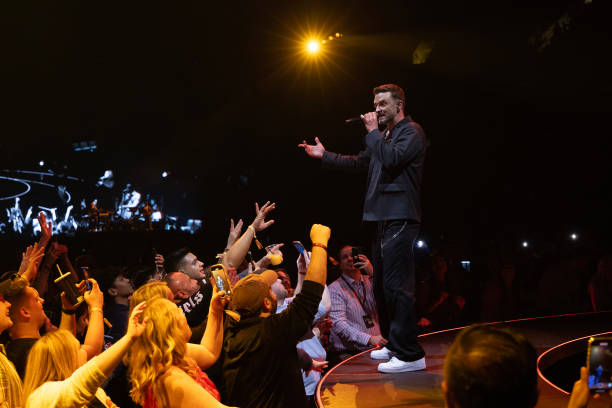 In this image released on June 14th, Justin Timberlake performs on stage during his "The Forget Tomorrow World Tour" at Rogers Arena on April 29,...