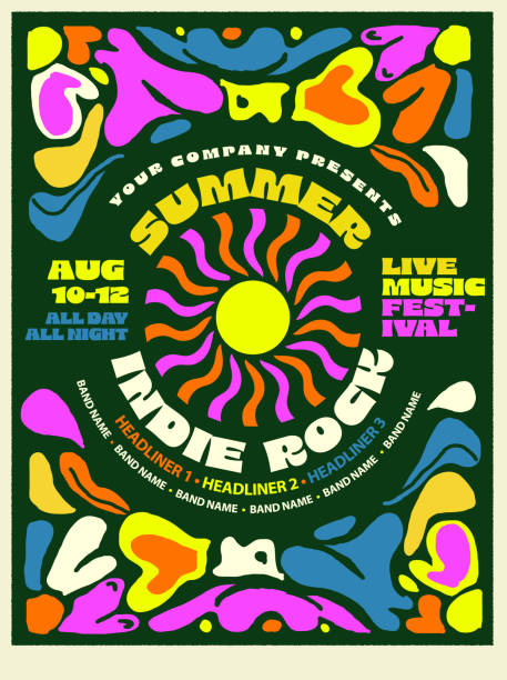 indie rock summer festival retro poster typography design template with bright colors and abstract shapes - concert stock illustrations