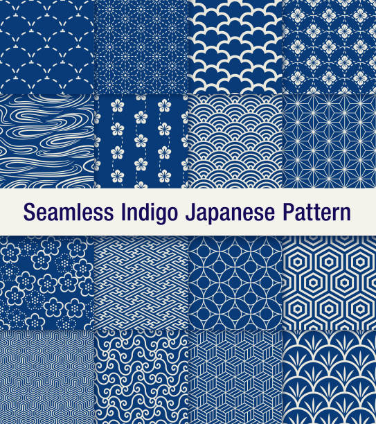 indigo japanese seamless pattern set - fashion stock illustrations
