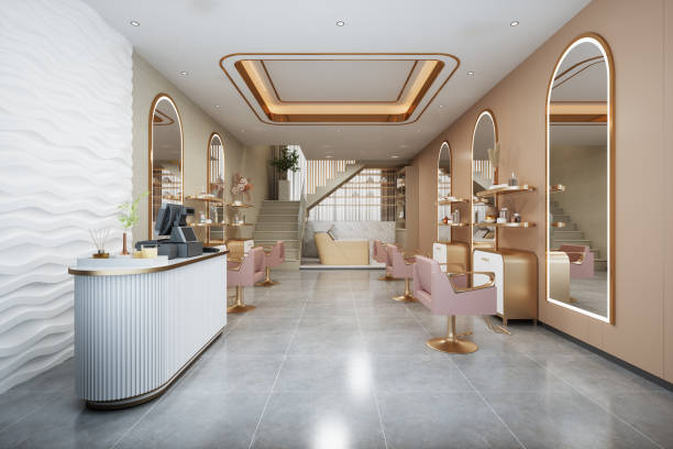 interieur von luxus-friseur und schönheitssalon mit rosa stühlen, spiegeln, fliesenboden und kasse - hairstyle stock-fotos und bilder