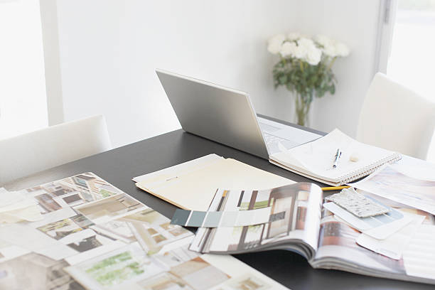 interior design books on table - home decoration stock pictures, royalty-free photos & images