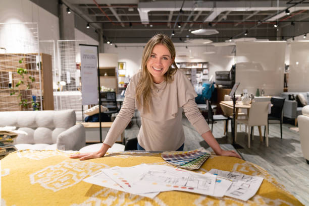 interior designer working on home design at a furniture store - home decoration stock pictures, royalty-free photos & images
