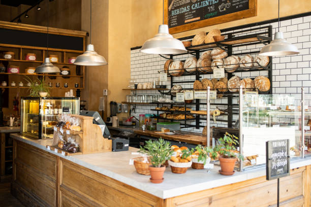 interior of a local coffee shop - junk food stock pictures, royalty-free photos & images