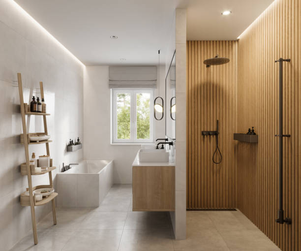 interior of a luxurious bathroom with shower area and bathtub in 3d - home decoration stock pictures, royalty-free photos & images