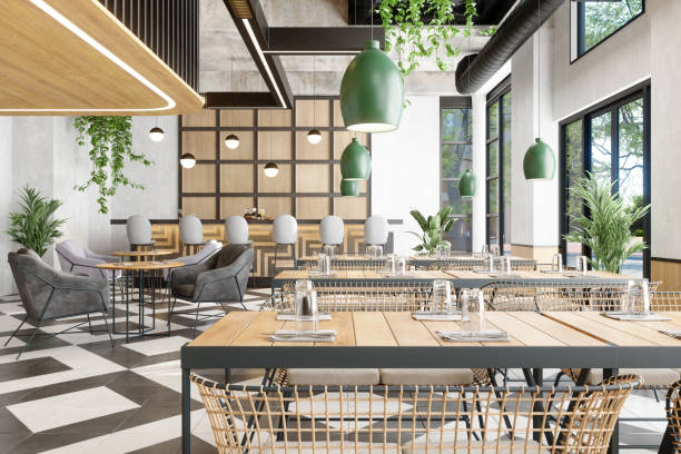 interior of luxury cafe with bar counter, plants and tables - home decoration stock pictures, royalty-free photos & images