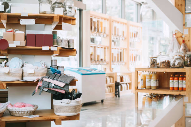 interior of zero waste shop with various merchandise - home decoration stock pictures, royalty-free photos & images