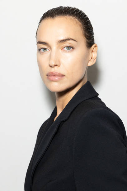 Irinia Shayk poses for photographer backstage at the Sportmax fashion show during the Milan Womenswear Spring/Summer 2025 on September 20, 2024 in...