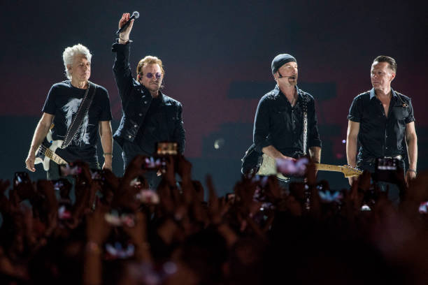 Irish rock band U2 performs as part of The Joshua Tree tour at DY Patil Stadium, Nerul on December 15, 2019 in Mumbai, India. The band, that was...