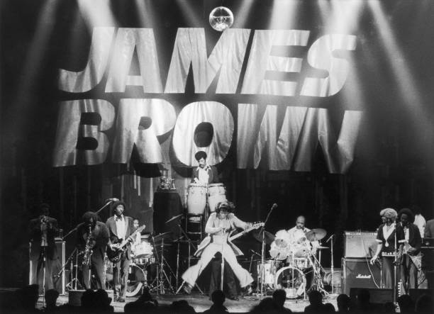 James Brown, the 'Godfather of Soul', in concert, circa 1985.