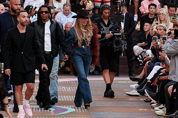 Jay-Z and Beyonce attend the Louis Vuitton Menswear Spring/Summer 2026 show as part of Paris Fashion Week on June 24, 2025 in Paris, France.
