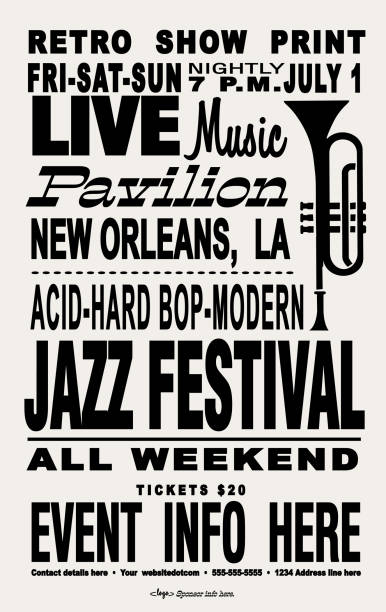 jazz festival hatch style retro poster typography design template with trumpet - concert stock illustrations
