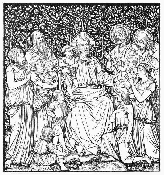 jesus blesses the children, wood engraving, published in 1894 - garden decoration stock illustrations
