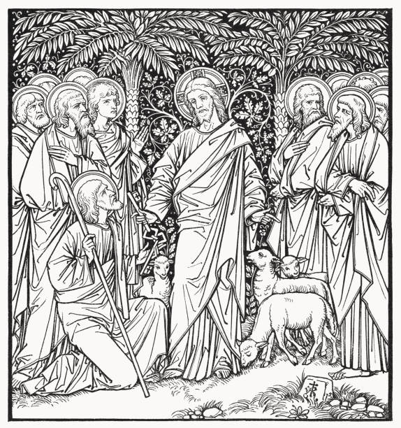 jesus gives peter the keys, wood engraving, published in 1894 - garden decoration stock illustrations