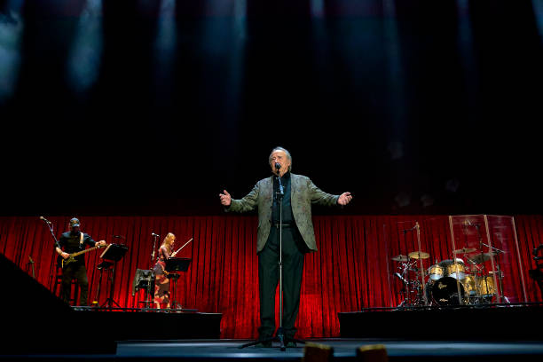 Joan Manuel Serrat performs in concert at Palau Sant Jordi on December 23, 2022 in Barcelona, Spain. The singer-songwriter ends his career on stage...