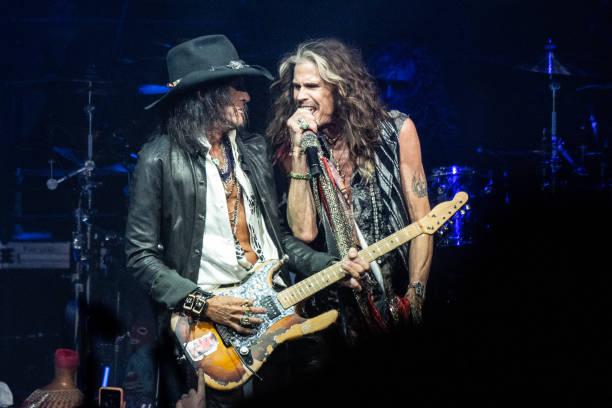 Joe Perry and Steven Tyler of Aerosmith perform live on stage at the Wells Fargo Center on September 02, 2023 in Philadelphia, Pennsylvania.