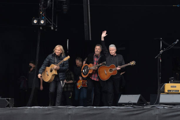 Joe Walsh, Vince Gill and Don Henley of the Eagles enter on stage at Murrayfield on June 22, 2022 in Edinburgh, Scotland.