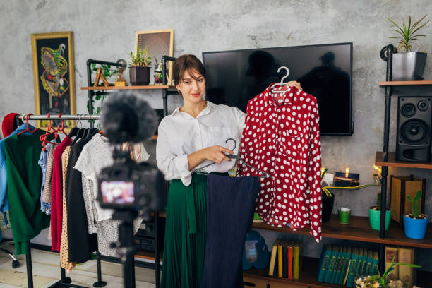 joyful fashion blogger sharing some tips, how her followers can improve theis style for a spring season - fashion stock pictures, royalty-free photos & images