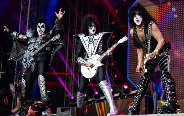 June 2023, Bavaria, Munich: Gene Simmons , singer and bassist, Tommy Thayer, guitarist, and Paul Stanley, singer and guitarist, of the U.S. Band Kiss...