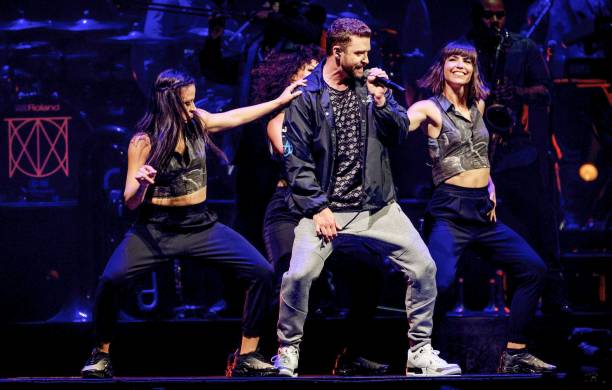 Justin Timberlake performs on the stage during a concert, as part of his tour "The Man Of The Woods", in the Ziggo Dome in Amsterdam, on July 15,...