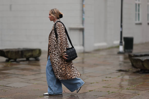 Karin Teigl seen wearing Milk White green knit cropped top with long sleeves, H&M beige / brown leopard pattern long coat, black rose hair clip, Vee...