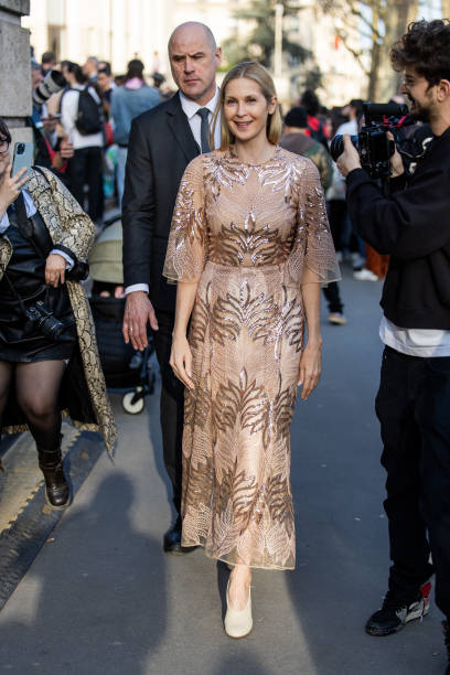 Kelly Rutherford is seen outside Elie Saab during the Womenswear Fall/Winter 2025/2026 as part of Paris Fashion Week on March 08, 2025 in Paris,...