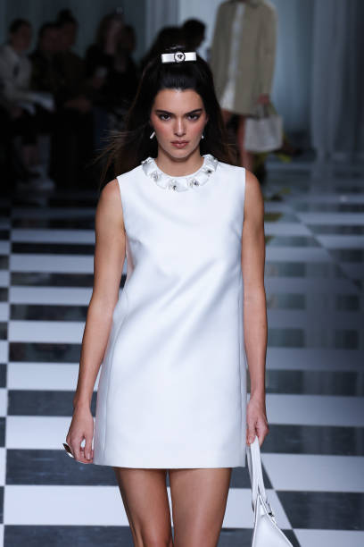 Kendall Jenner walks the runway at the Versace fashion show during the Milan Fashion Week Womenswear Spring/Summer 2024 on September 22, 2023 in...