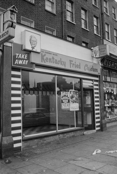 Kentucky Fried Chicken, also know as KFC, shop window, London, UK, 25th October 1978.