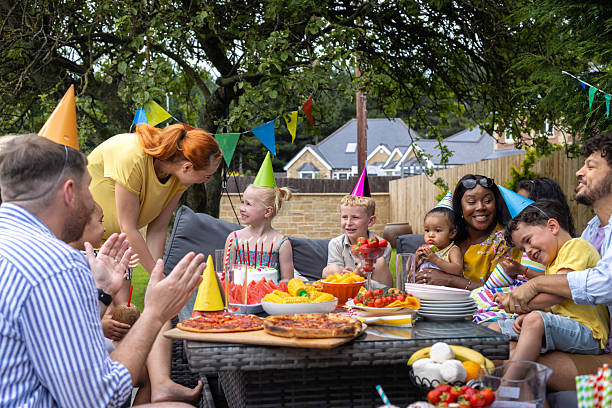 kids birthday party outdoors - garden decoration stock pictures, royalty-free photos & images