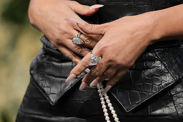 Kim Kardashian, ring detail, attends the 2025 Met Gala Celebrating "Superfine: Tailoring Black Style" at Metropolitan Museum of Art on May 05, 2025...