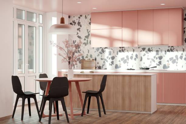 kitchen interior design in modern style with terazzo wall and pink cabinets - home decoration stock pictures, royalty-free photos & images
