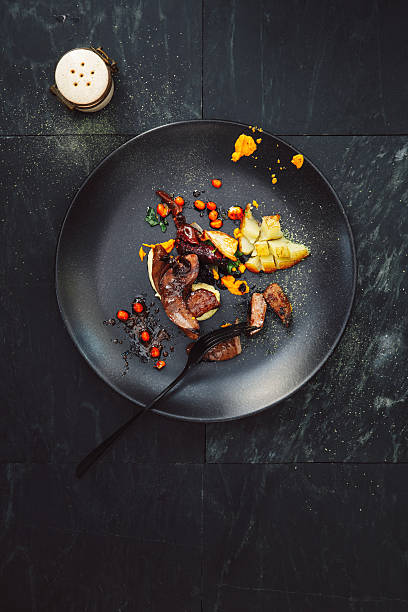lamb tongue with potato, mushrooms and sea buckthorn - food stock pictures, royalty-free photos & images