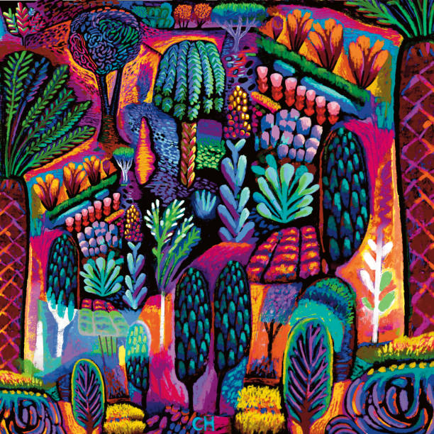 landscape night time lush desert garden landscape. digital painting of naïf forest. - garden decoration stock pictures, royalty-free photos & images