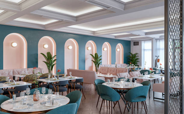 large mid century styled restaurant / bar with tables and chairs, stools, benches, ceiling moldings and windows with white curtains in the background, on parquet floor - home decoration stock pictures, royalty-free photos & i