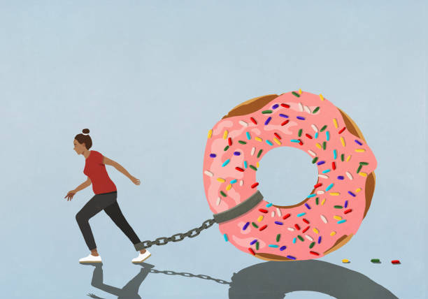 large sprinkled donut chained to let of woman trying to walk - junk food stock illustrations