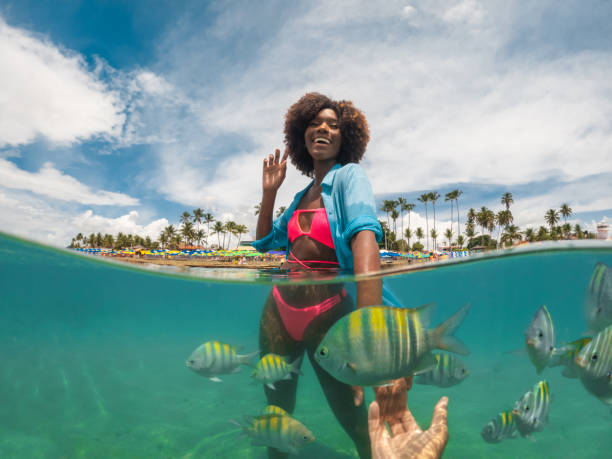 les touristes sur la plage s’amusent avec le poisson - travel photos et images de collection
