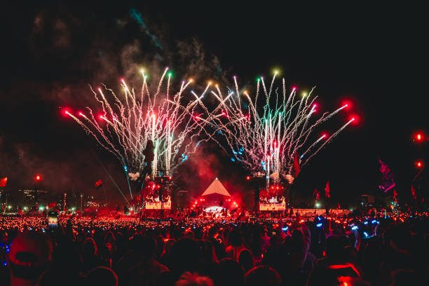 Lighting and firework display of Headlining act Coldplay on the Pyramid Stage during day four of Glastonbury Festival 2024 at Worthy Farm, Pilton on...
