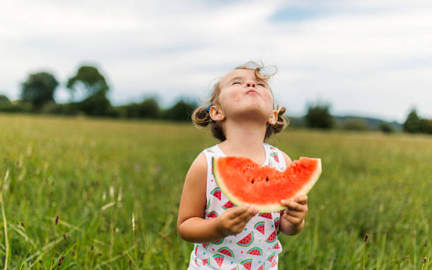 little girl eating watermelon on a meadow - food stock pictures, royalty-free photos & images