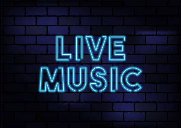 live music sign blue neon light on dark brick wall - concert stock illustrations