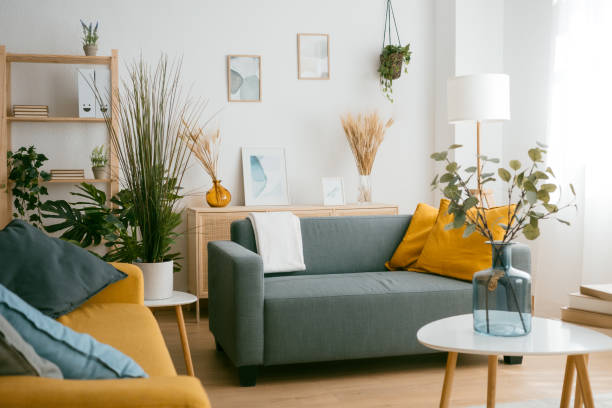 living room in a bright modern house open floor plan minimalist style. - home decoration stock pictures, royalty-free photos & images