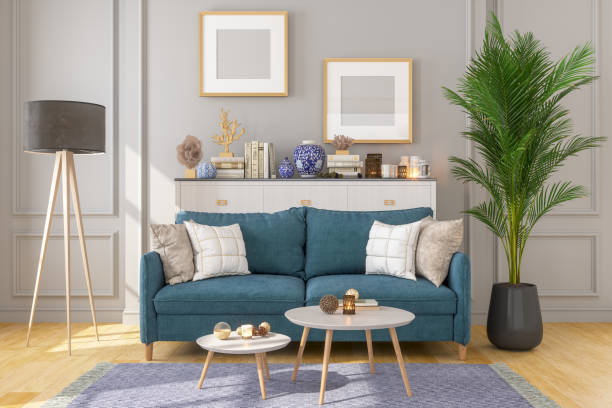living room interior with picture frame on gray walls - home decoration stock pictures, royalty-free photos & images