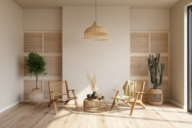 living room interior with wicker armchairs, potted plants and coffee table - home decoration stock pictures, royalty-free photos & images