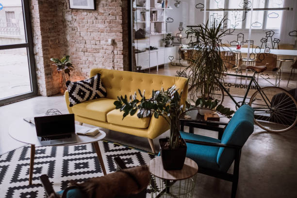 loft appartment turned into luxurios office - home decoration stock pictures, royalty-free photos & images