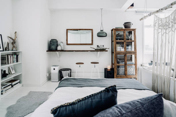 loft bedroom interior with modern, stylish and cozy design - home decoration stock pictures, royalty-free photos & images