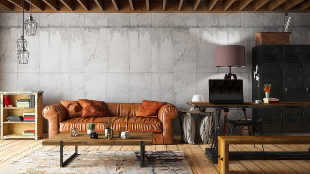 loft interior with leather sofa - home decoration stock pictures, royalty-free photos & images