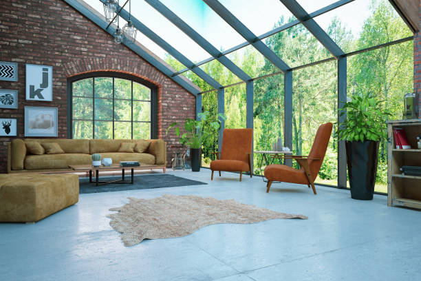 loft room with brick walls and garden view - garden decoration stock pictures, royalty-free photos & images