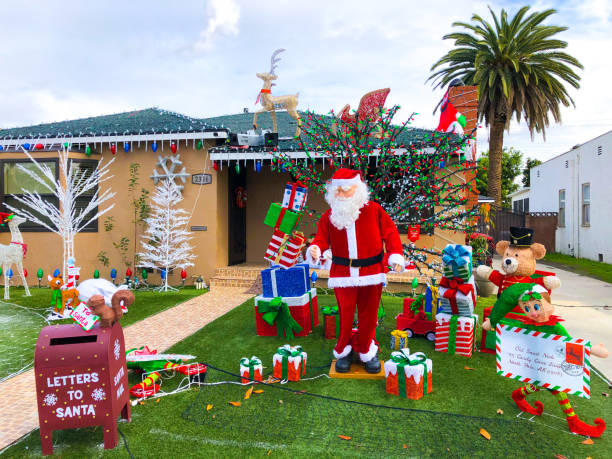 long beach, ca: house at midday decorated for christmas - garden decoration stock pictures, royalty-free photos & images